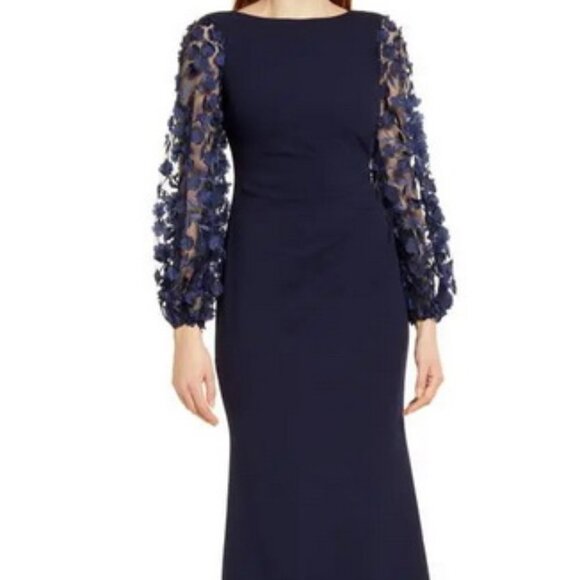 Eliza J Navy Blue Floral Applique Long Sleeve Trumpet Gown - Picture 1 of 6